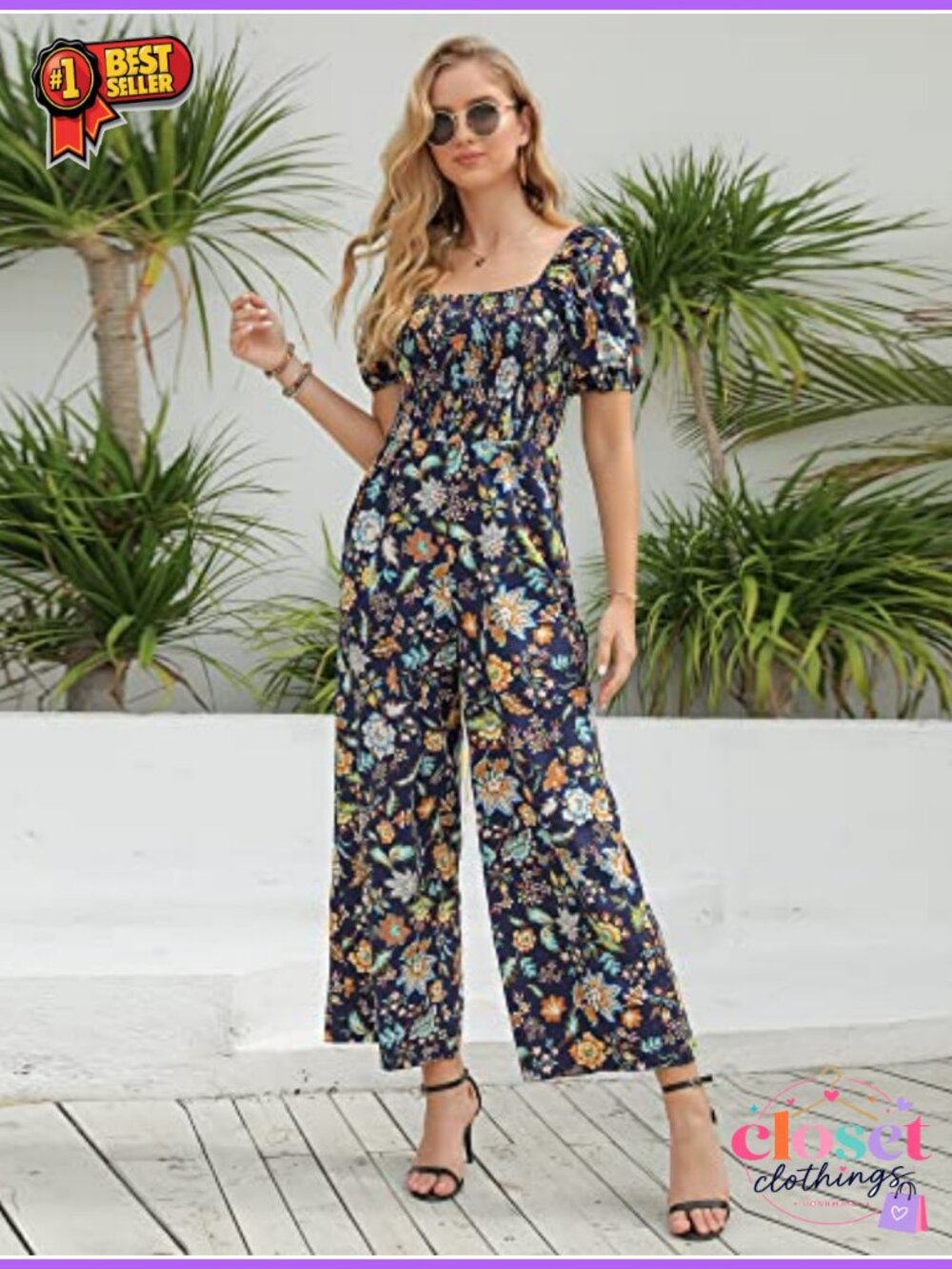 Womens Floral Wide Leg Jumpsuit Smocked Bodice Casual One Piece Outfit